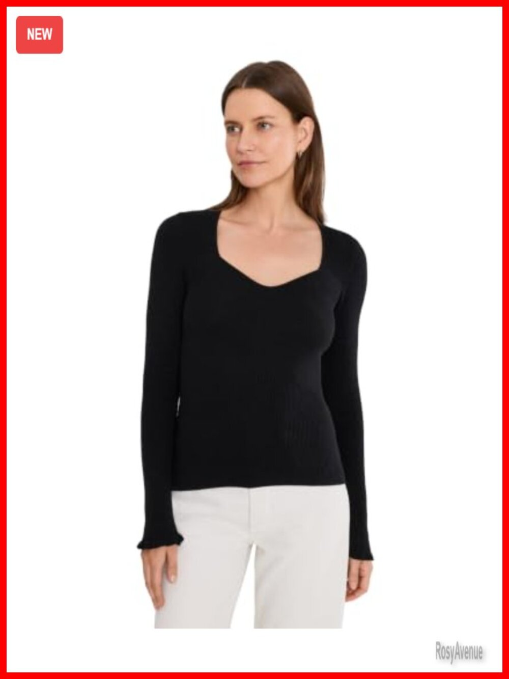 Rib Stitch Sweetheart Neck Pullover Sweater Ruffle Long Sleeve